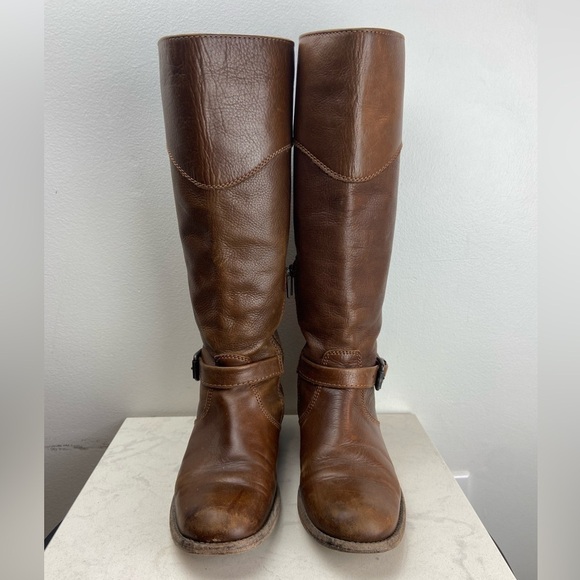 FRYE Phillip Pebbled Leather Knee High Roding Boots Brown Buckle - Picture 4 of 16